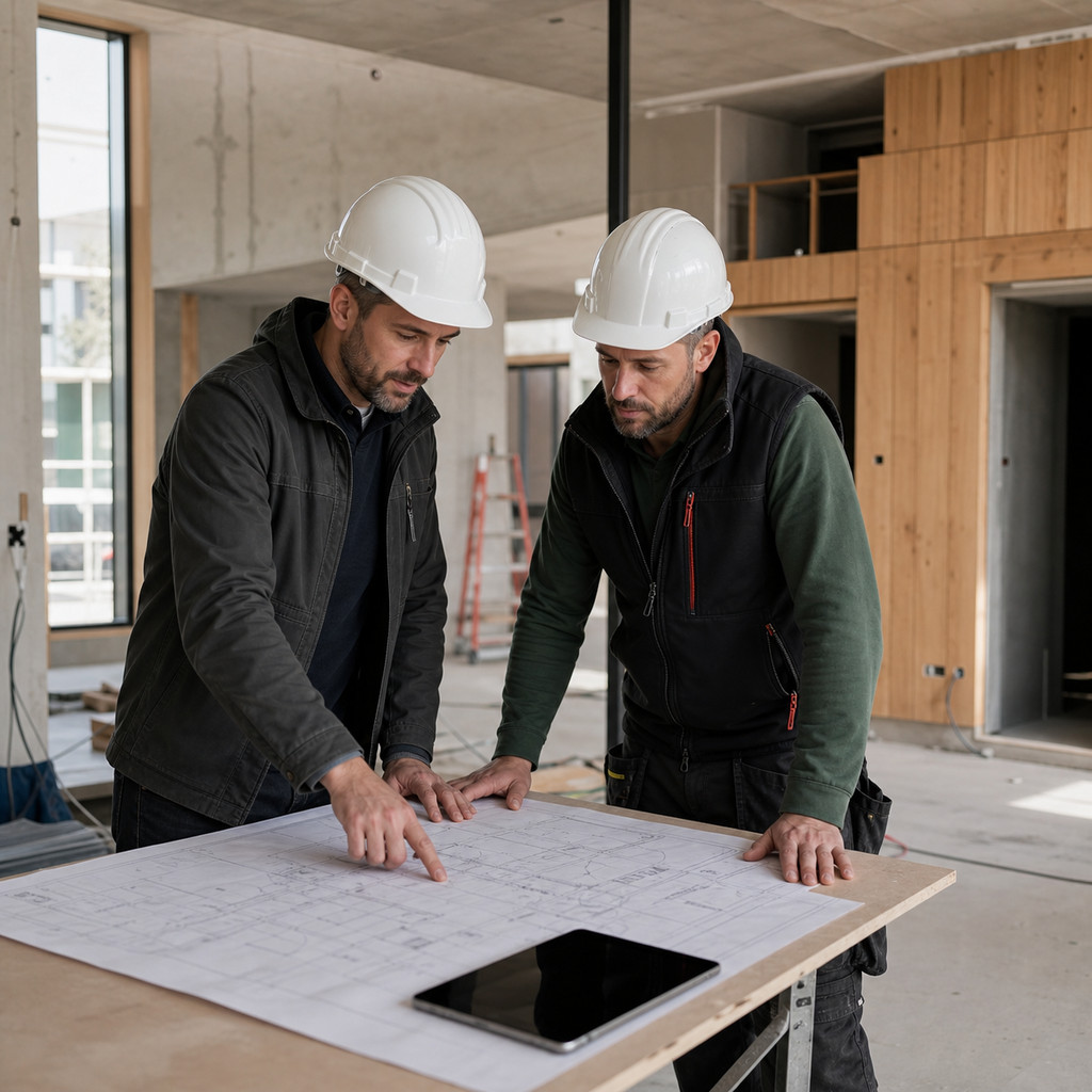 Chef de projet et artisan examinant des plans de chantier